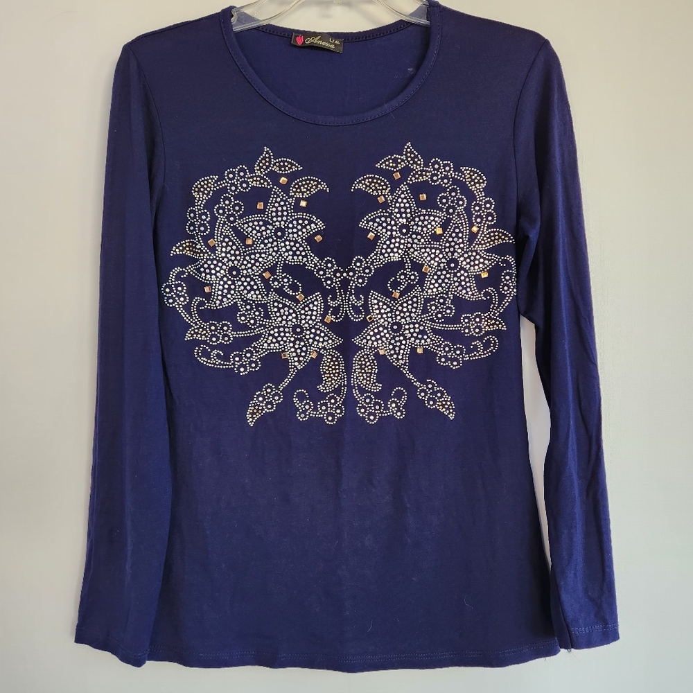 Elegant Navy Blue Long Sleeve Top with Embellished Design
